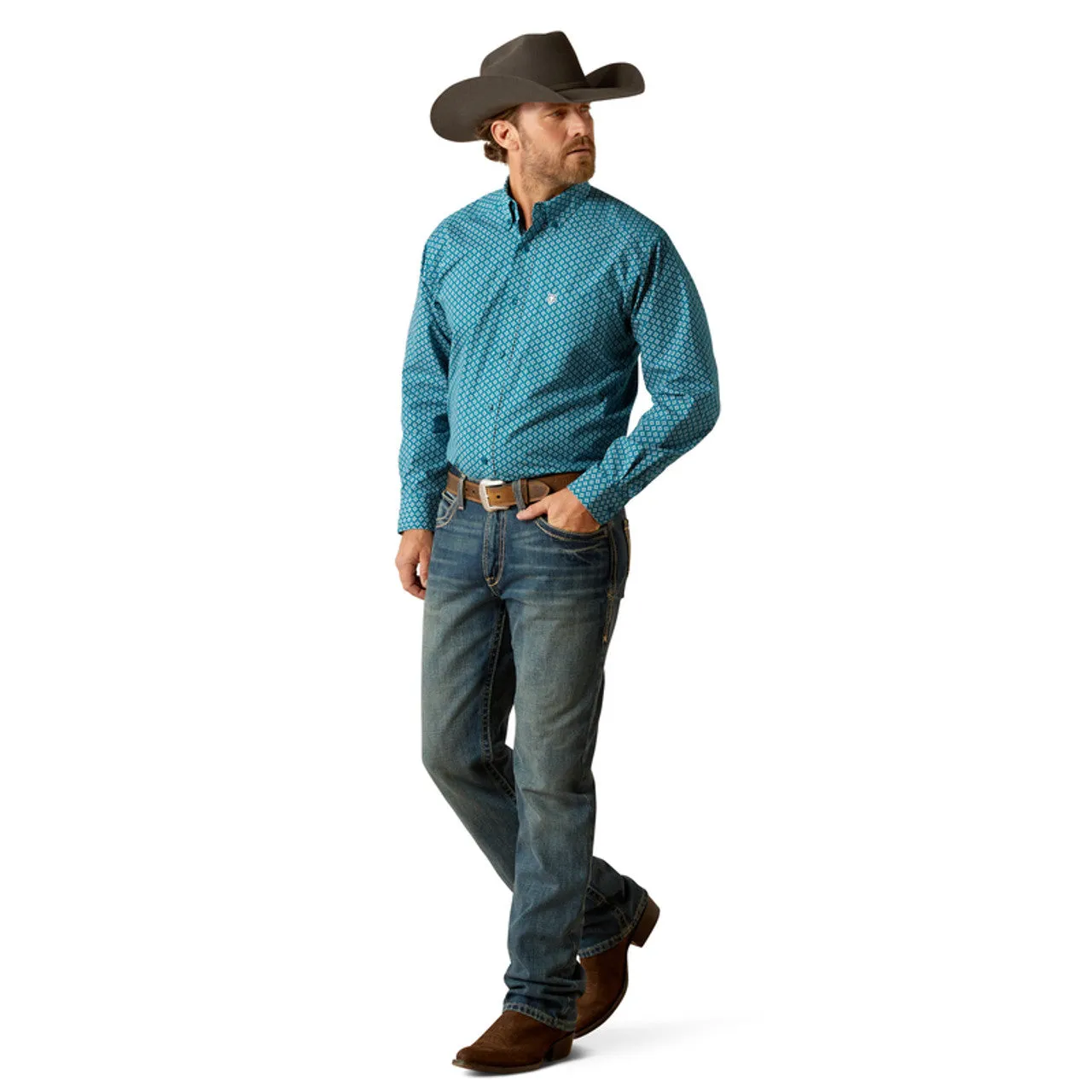 Ariat Men's Petey L/S Classic Fit Western Button Down Shirt in Dark Teal Pixelated Diamond