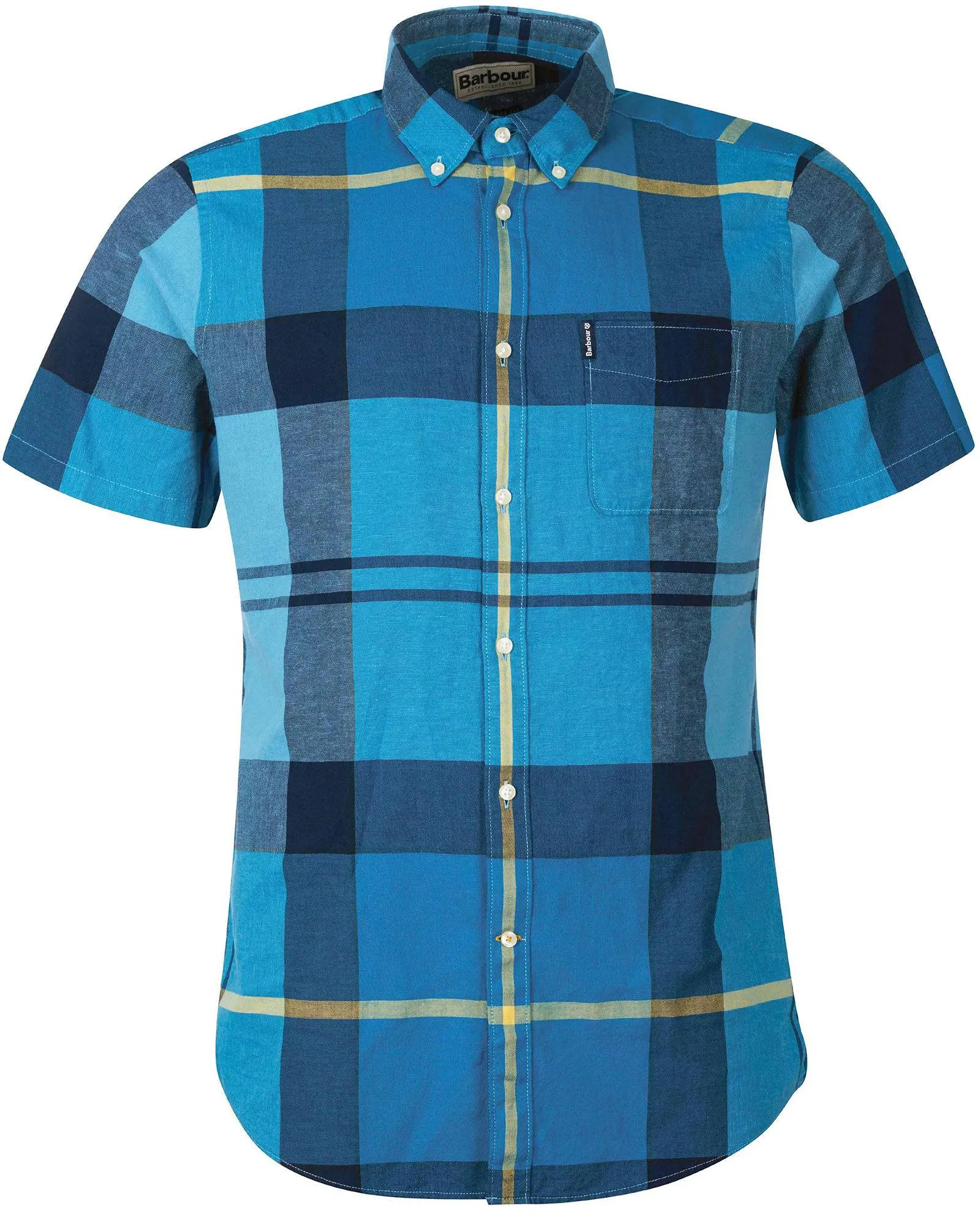 Barbour Douglas Aqua Plaid Short Sleeve Button Down Collar Tailored Fit Shirt