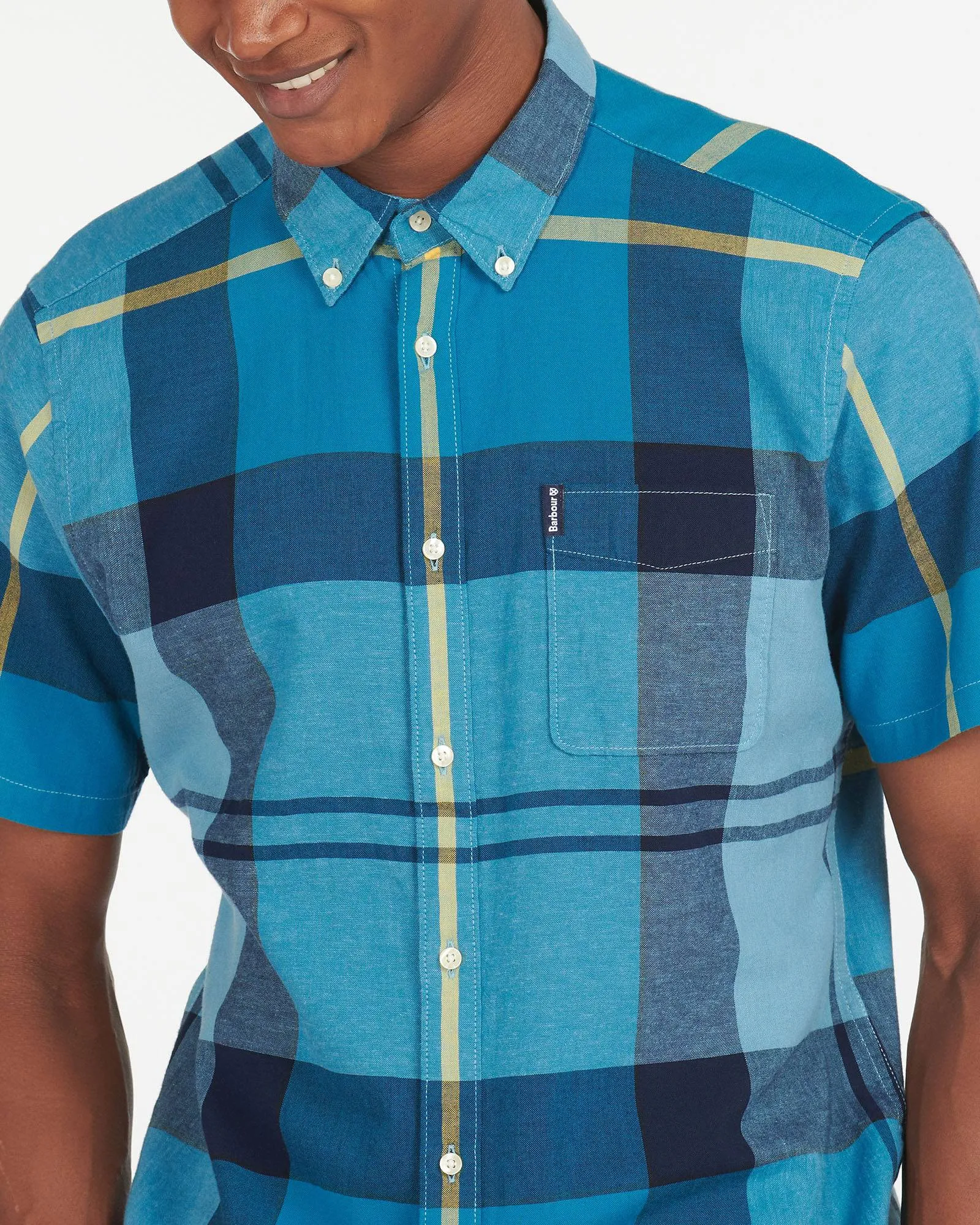 Barbour Douglas Aqua Plaid Short Sleeve Button Down Collar Tailored Fit Shirt