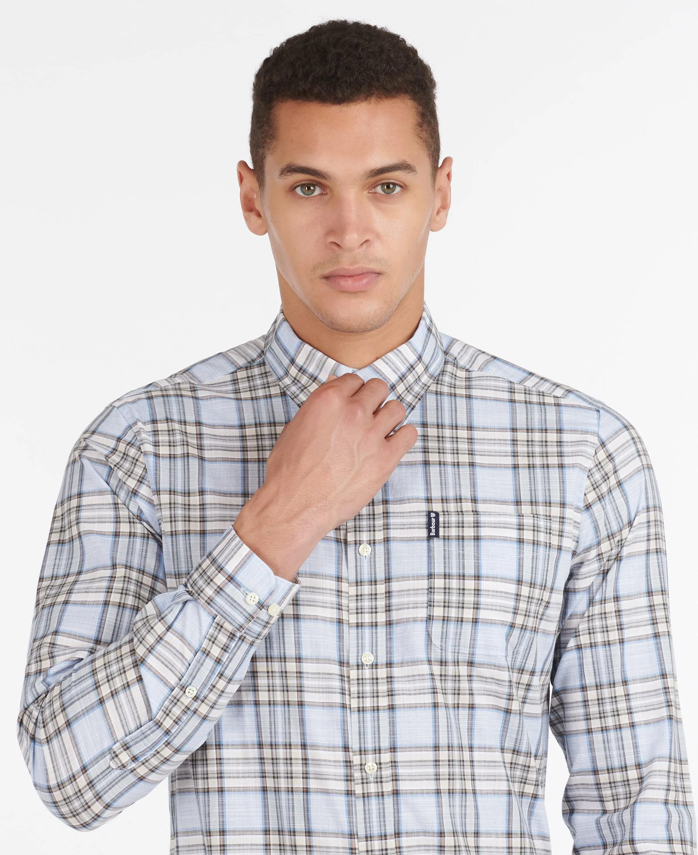 Barbour Highland Check 26 Light Blue and Khaki Long Sleeve Button Down Collar Tailored Fit Shirt