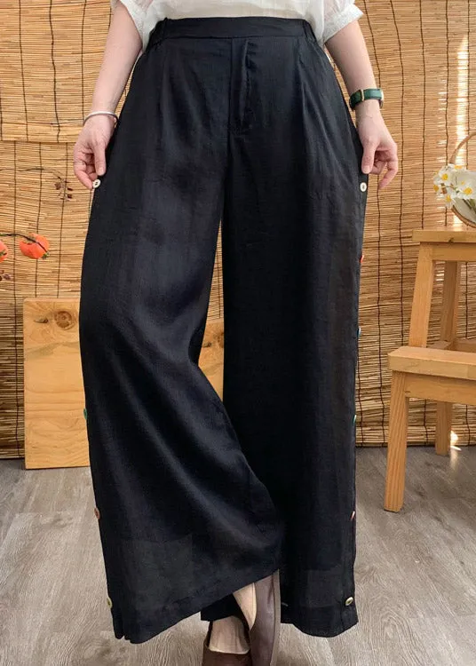 Black Elastic Waist Solid Linen Wide Leg Pants LY3004