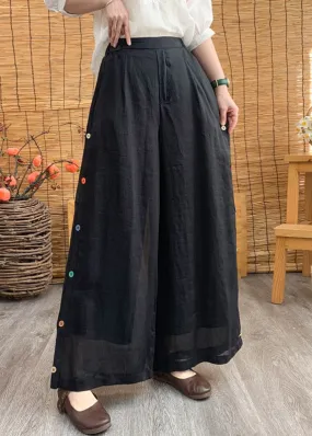 Black Elastic Waist Solid Linen Wide Leg Pants LY3004