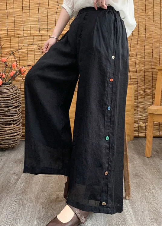 Black Elastic Waist Solid Linen Wide Leg Pants LY3004