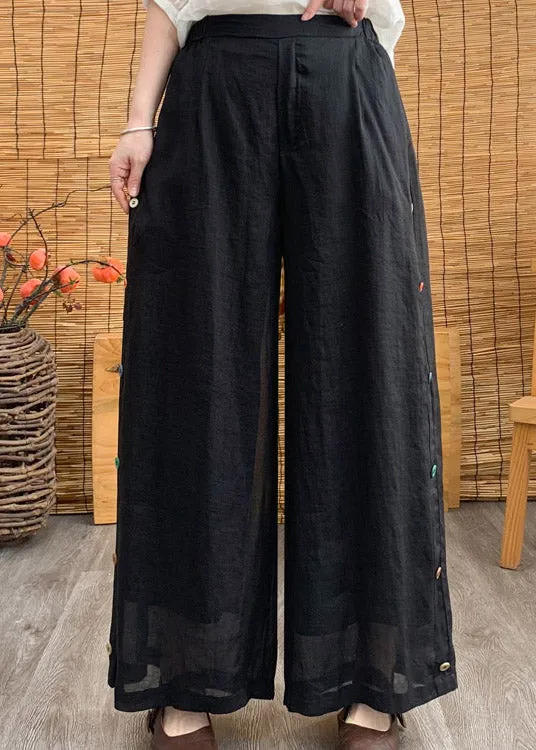 Black Elastic Waist Solid Linen Wide Leg Pants LY3004