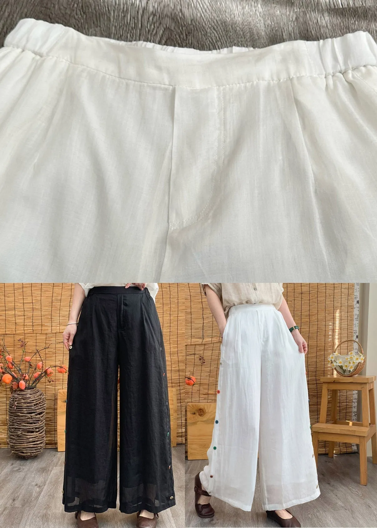 Black Elastic Waist Solid Linen Wide Leg Pants LY3004