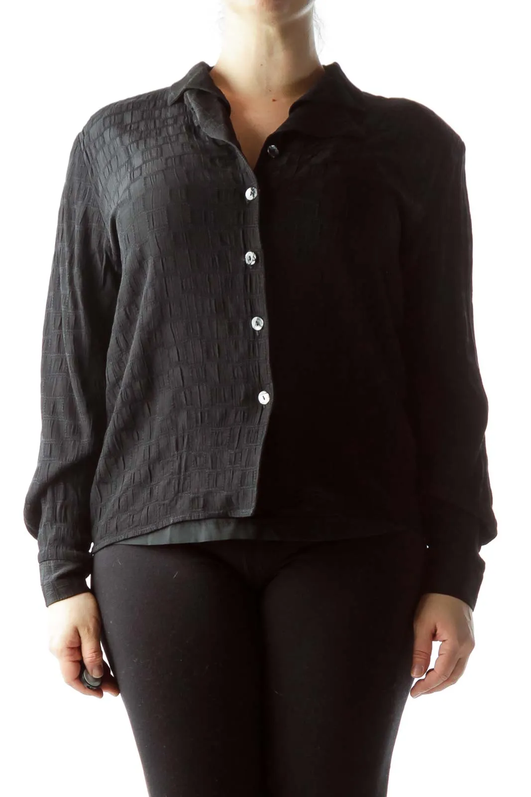 Black Textured Button-Up Blouse