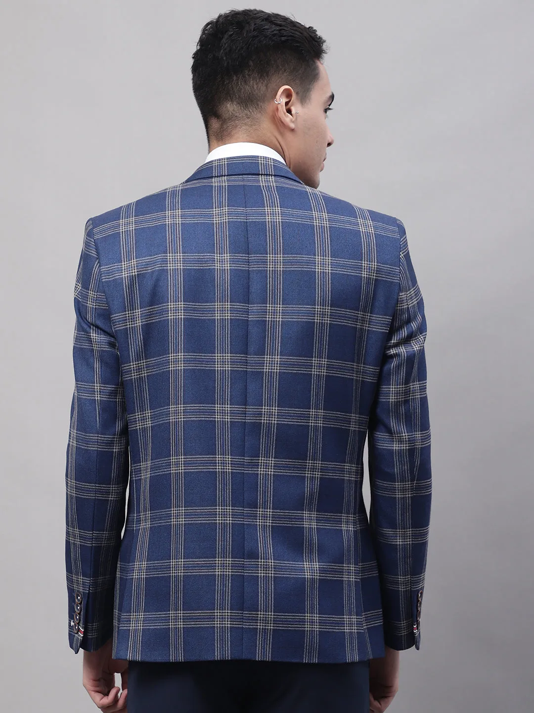 Blue Checkered Full Sleeves Formal Blazer For Men