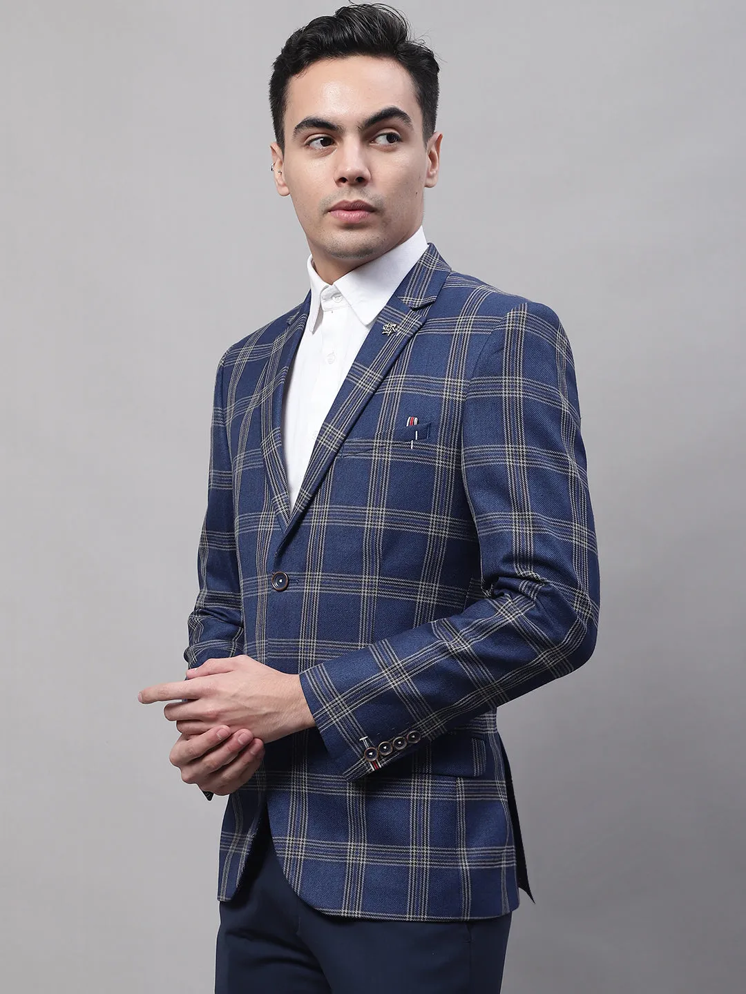 Blue Checkered Full Sleeves Formal Blazer For Men