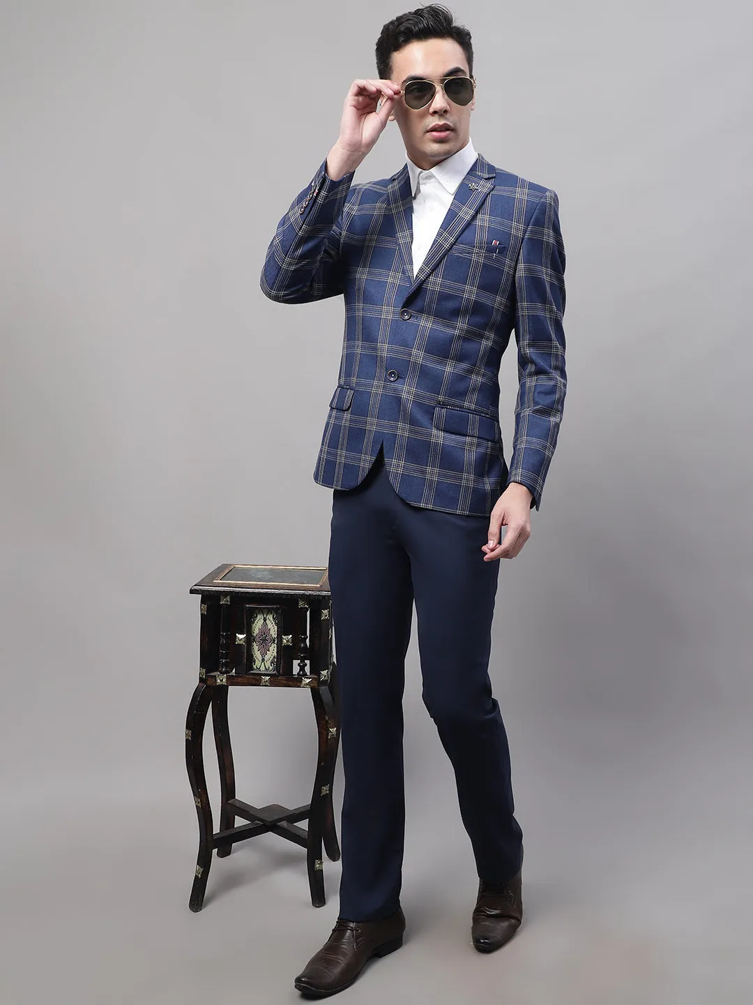 Blue Checkered Full Sleeves Formal Blazer For Men