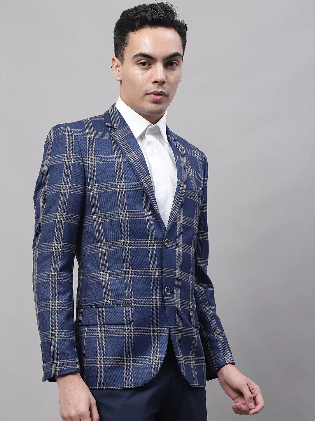 Blue Checkered Full Sleeves Formal Blazer For Men