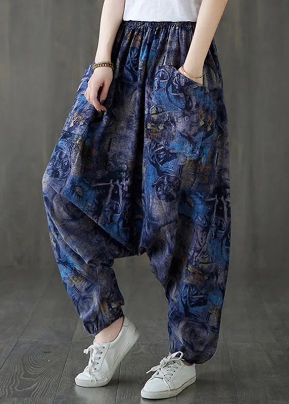 Blue Elastic Waist Loose Lantern Pants Summer TQ1046