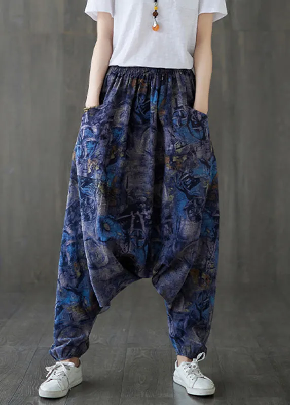 Blue Elastic Waist Loose Lantern Pants Summer TQ1046