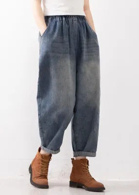 Blue Elastic Waist Pockets Harem Fall Denim Pants