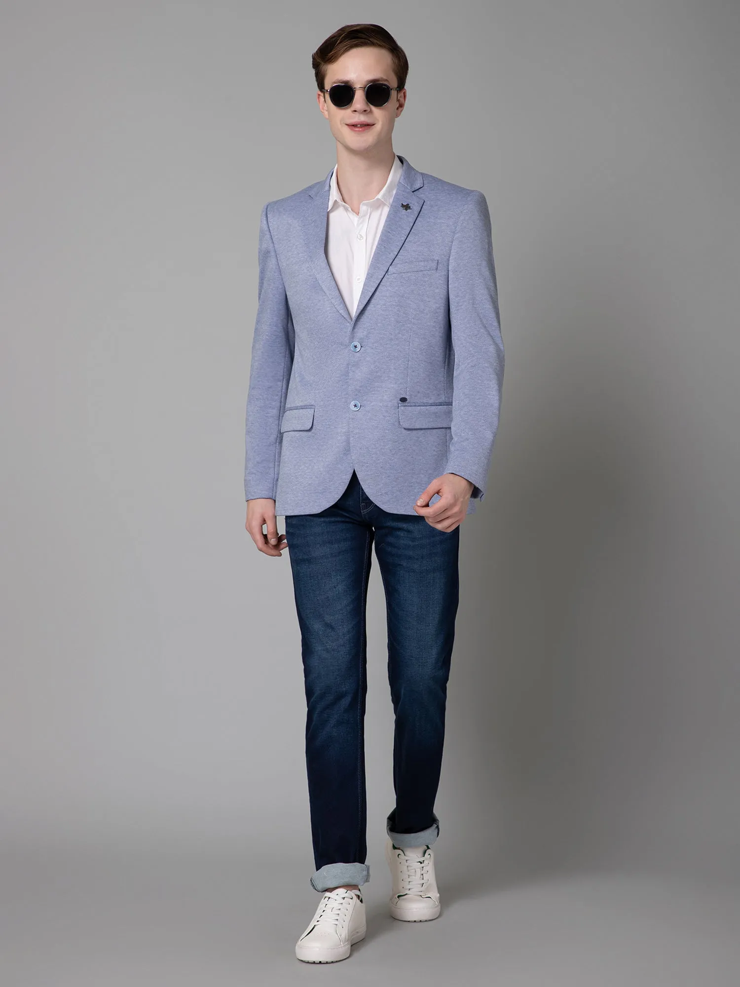 Blue Self Design Full Sleeves Casual Blazer For Men