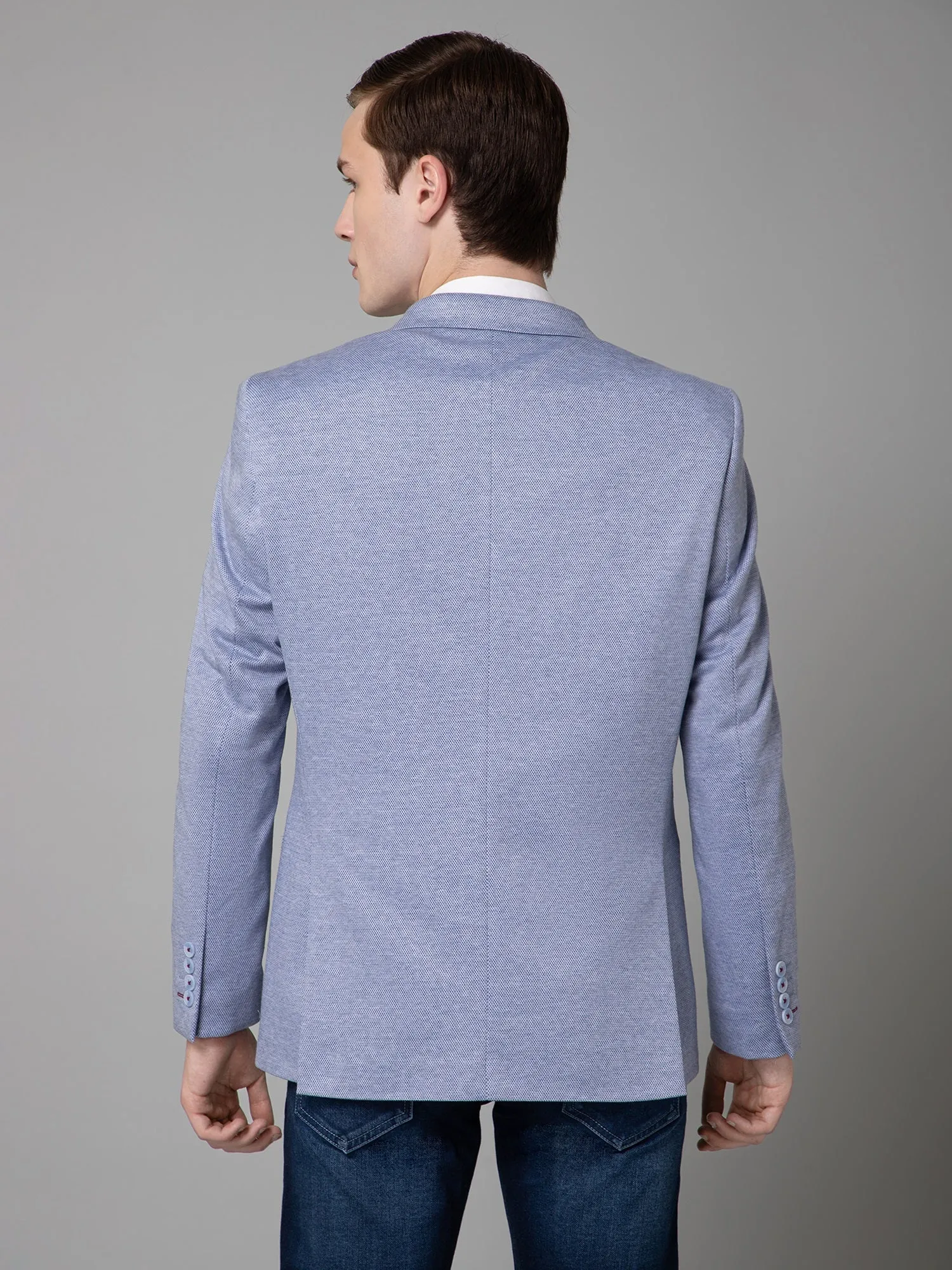 Blue Self Design Full Sleeves Casual Blazer For Men