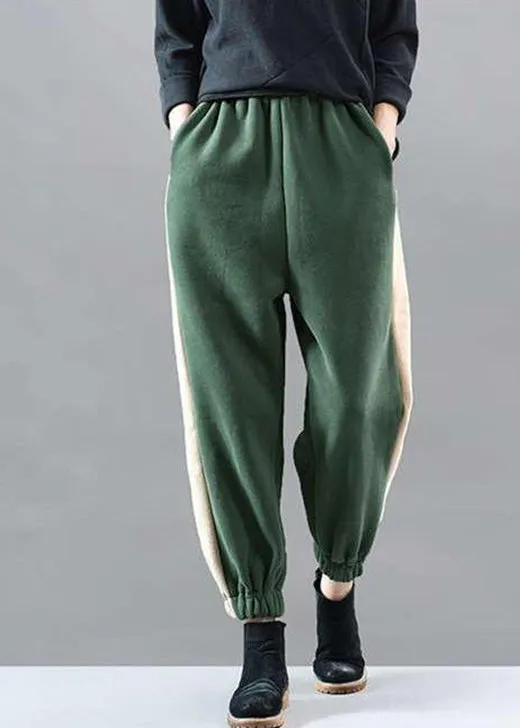 diy Green Elastic Waist Patchwork Jogging Winter Pants