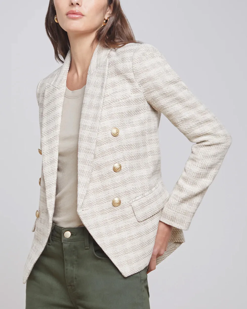 Ecru and Gold Plaid Double Breasted Kenzie Blazer