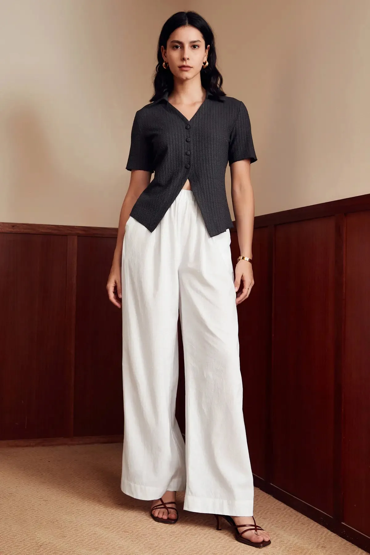 Elastic Waist Pocket Wide Leg Pants