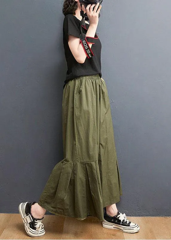 Elegant Army Green Elastic Waist Wide Leg Pants Trousers Summer Cotton