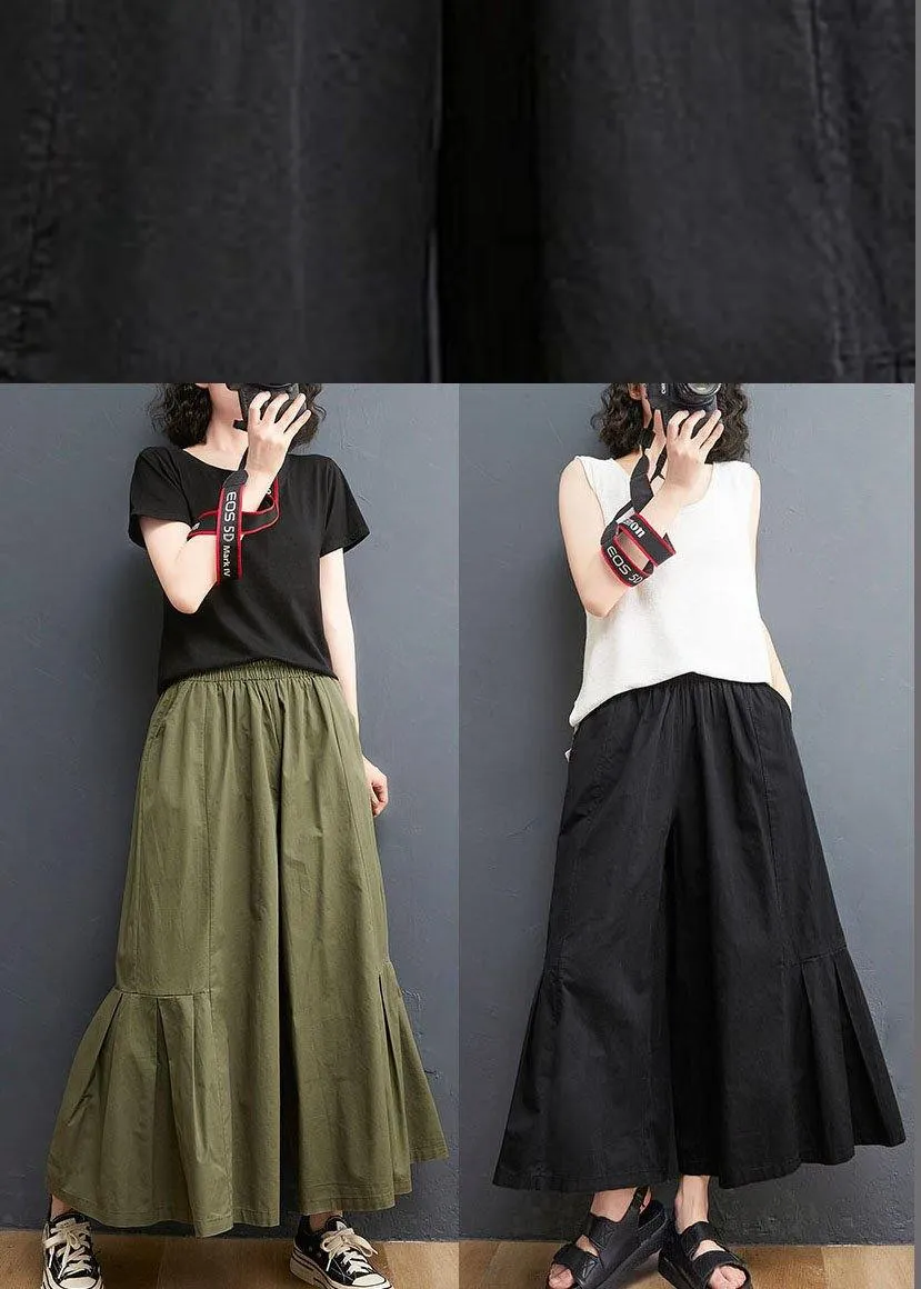 Elegant Army Green Elastic Waist Wide Leg Pants Trousers Summer Cotton