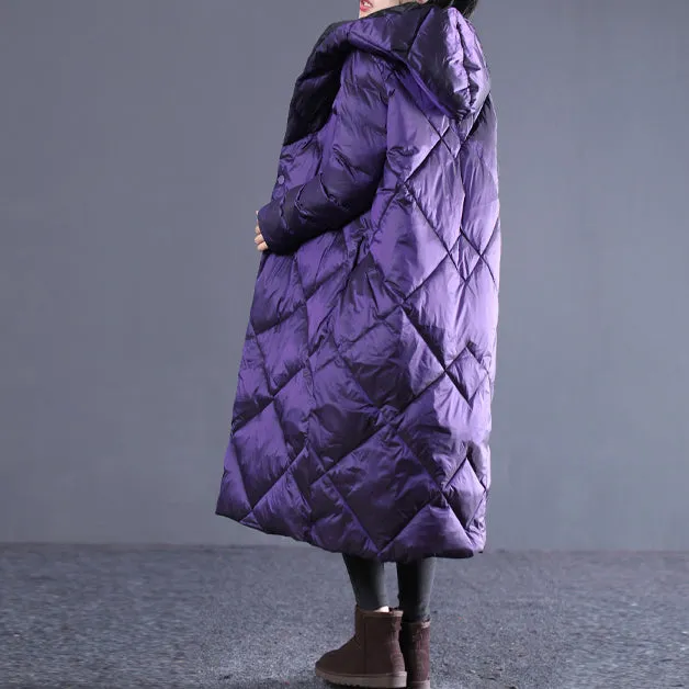 fine purple winter oversize hooded Parka Luxury pockets zippered cotton overcoat