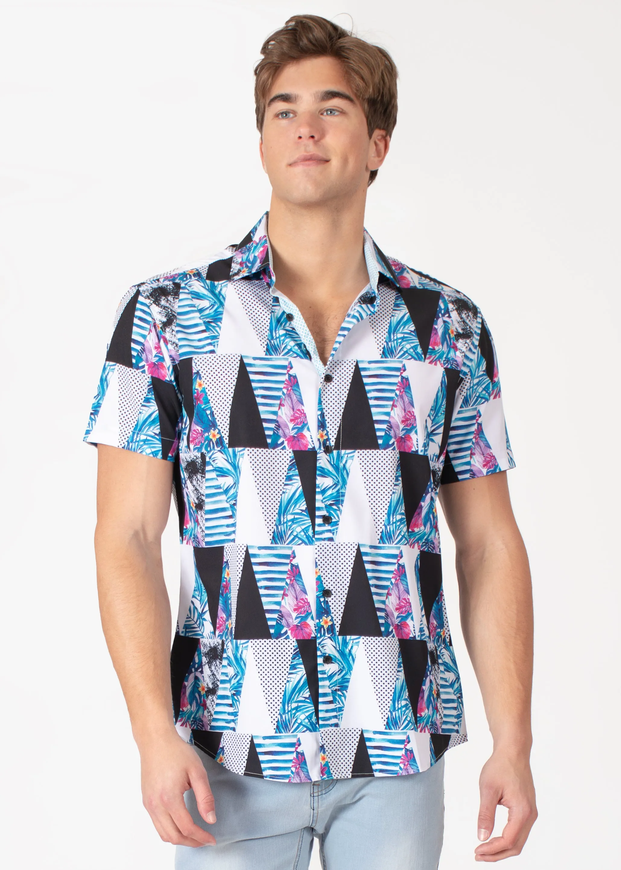 Geometrical Abstract Button-Up Short Sleeve Dress Shirt