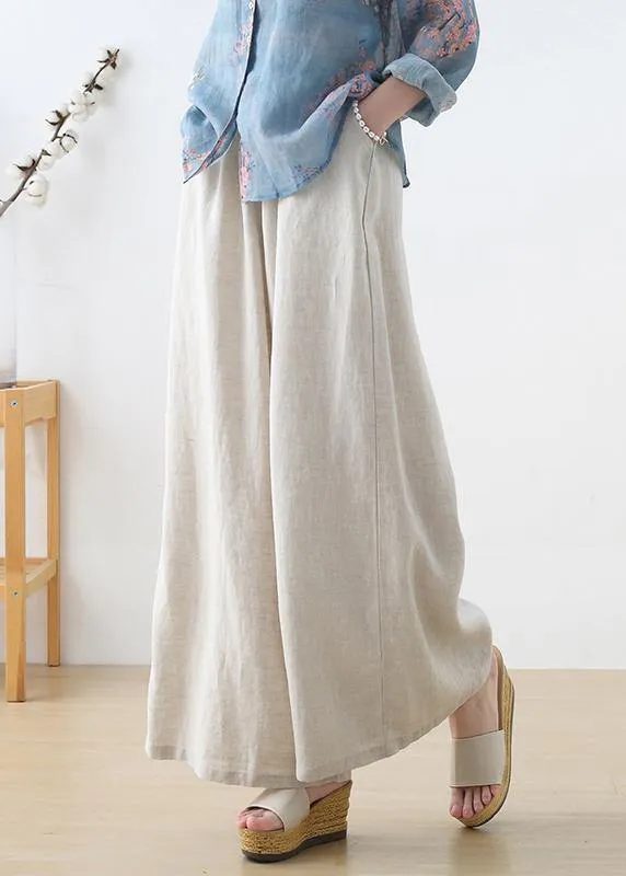 Handmade Beige Elastic Waist Wide Leg Linen Pants