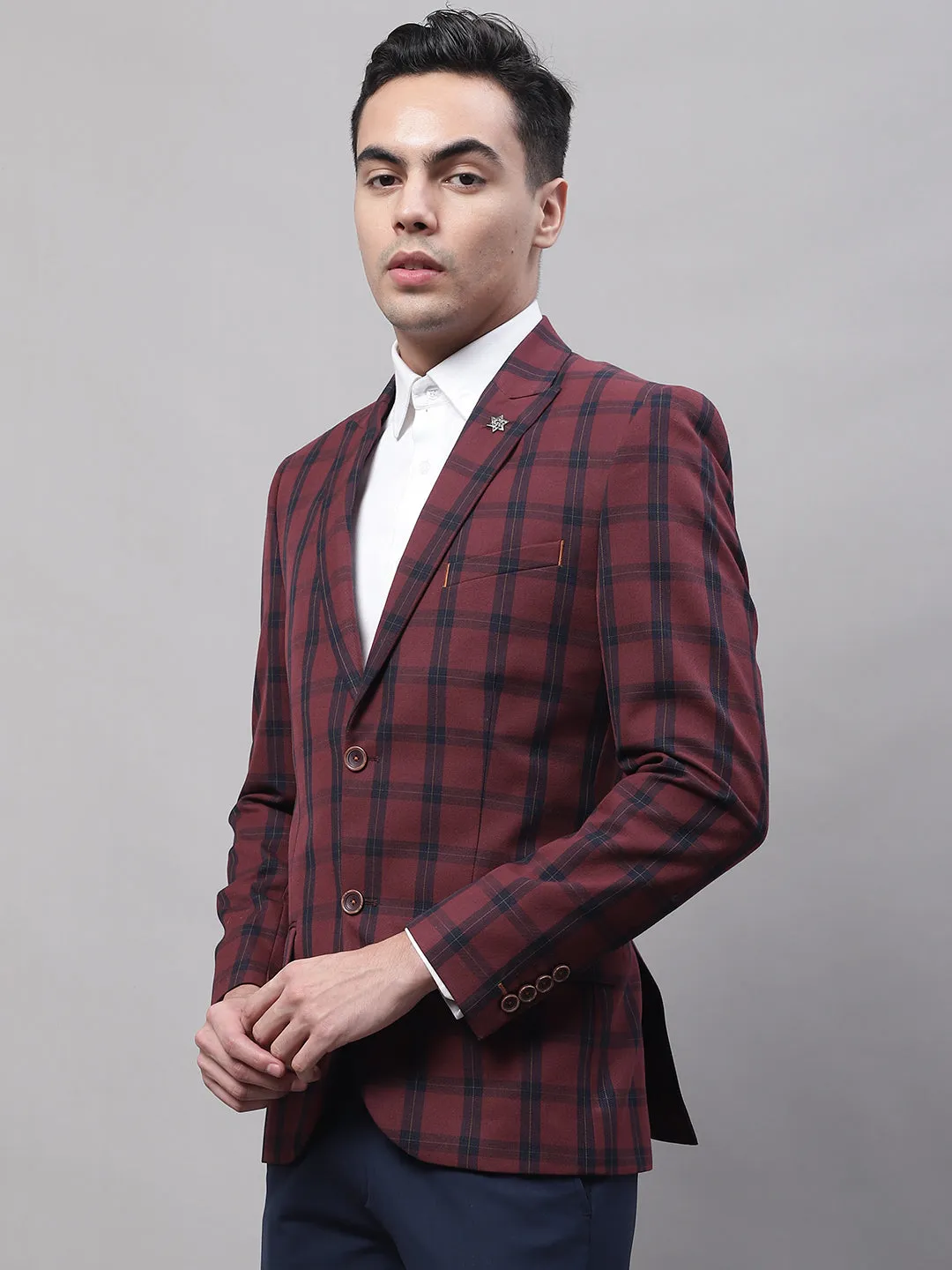 Maroon Checkered Full Sleeves Formal Blazer For Men