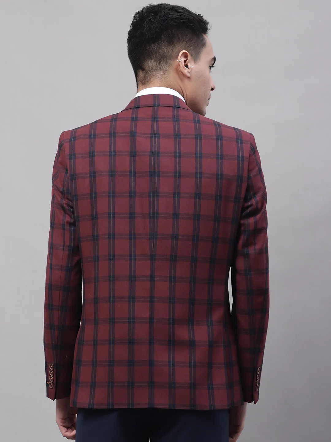 Maroon Checkered Full Sleeves Formal Blazer For Men