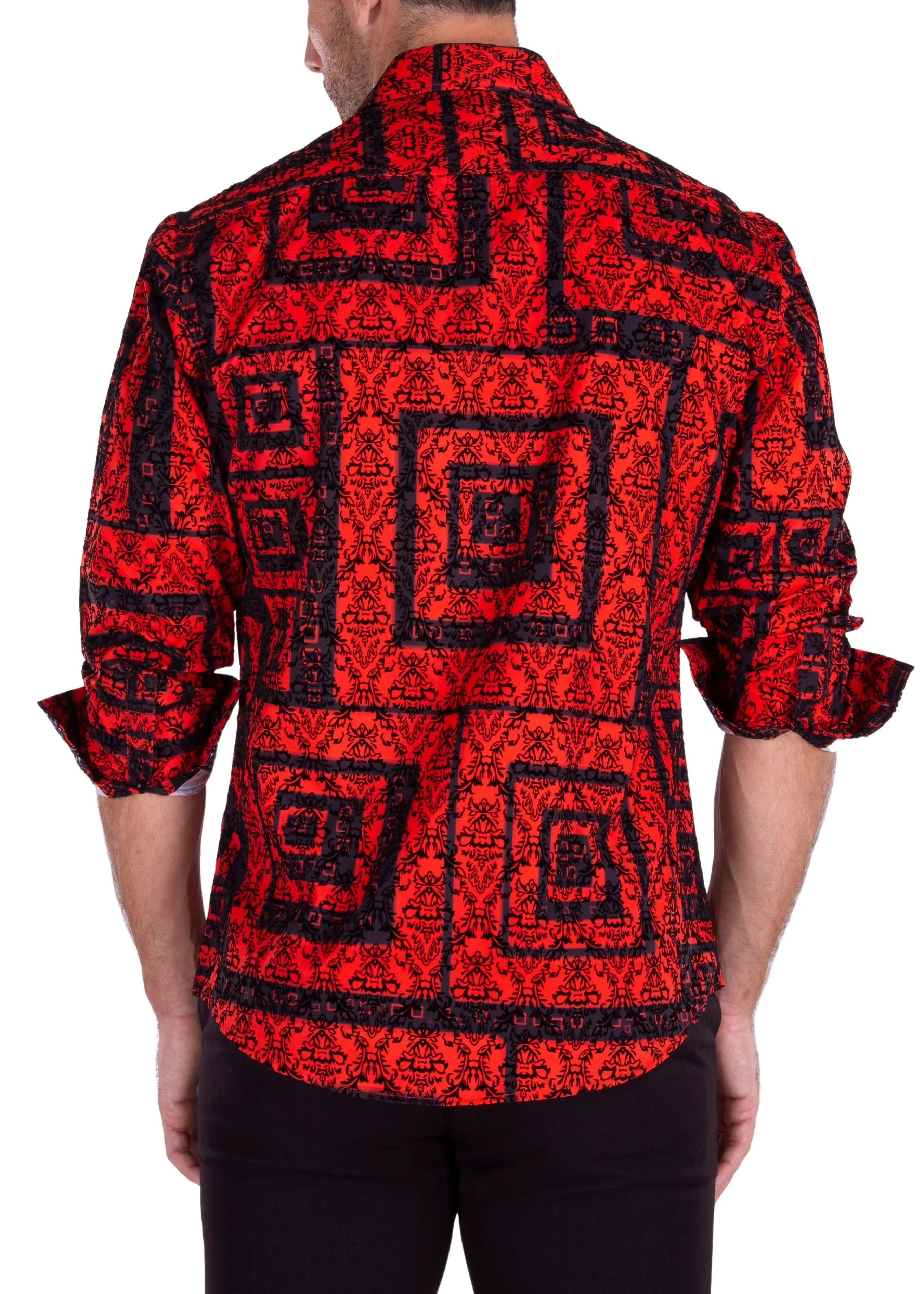 Maze Pattern Velvet Texture Long Sleeve Dress Shirt Red