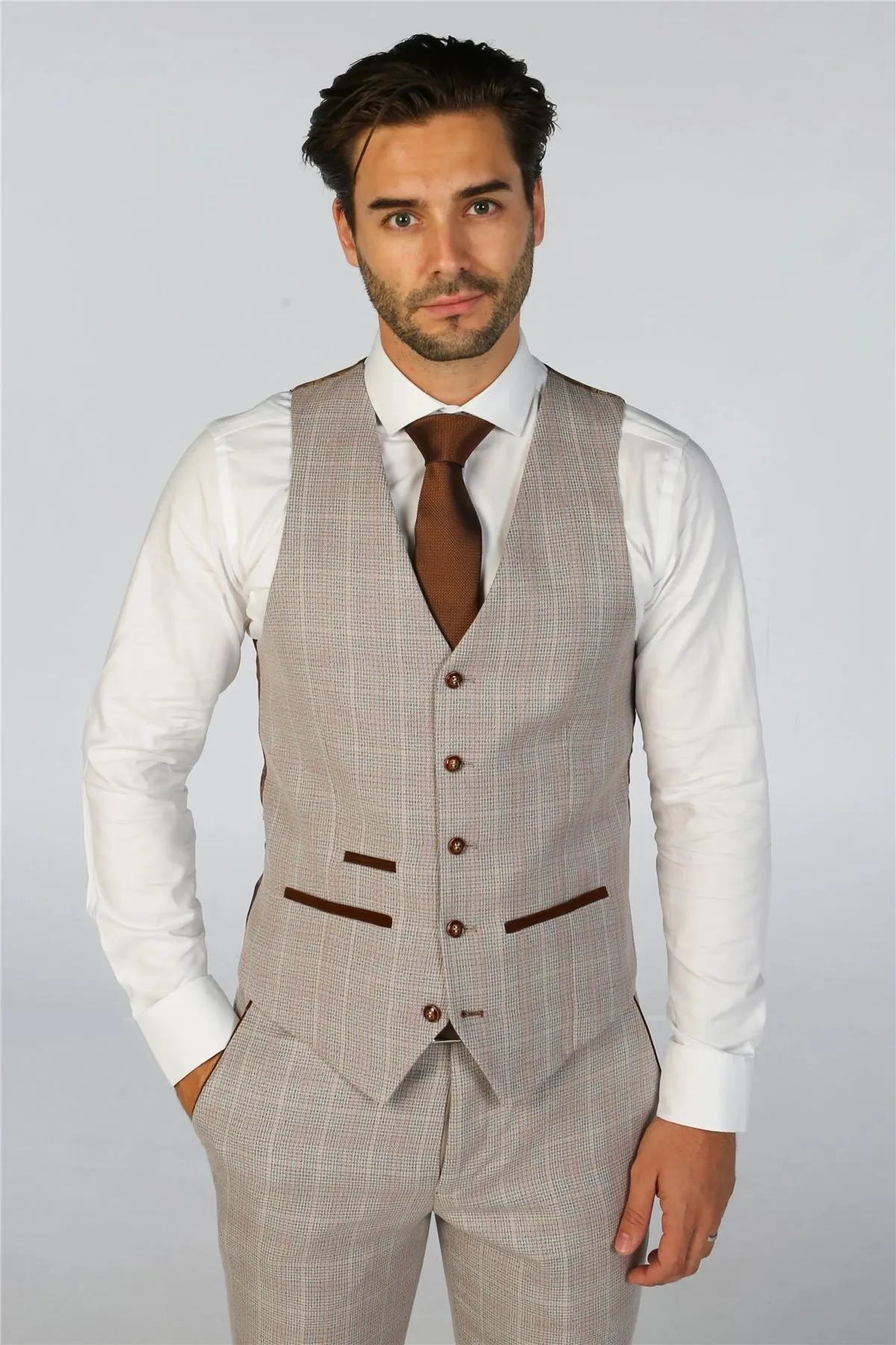 Men's Waistcoat Beige Checked Tailored Fit Vests