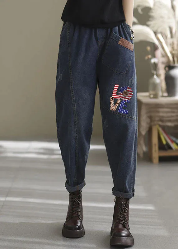 Natural Blue elastic waist Pockets denim Pants Spring