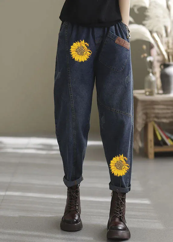 Natural Blue elastic waist Pockets denim Pants Spring