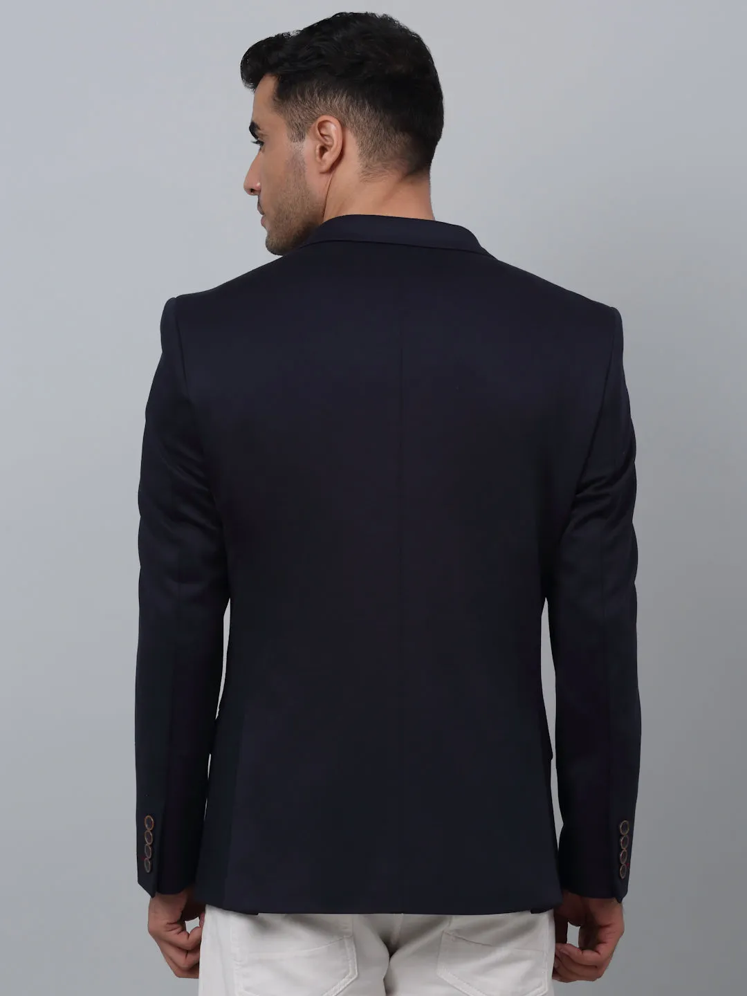 Navy Blue Solid Full Sleeves Casual Blazer For Men