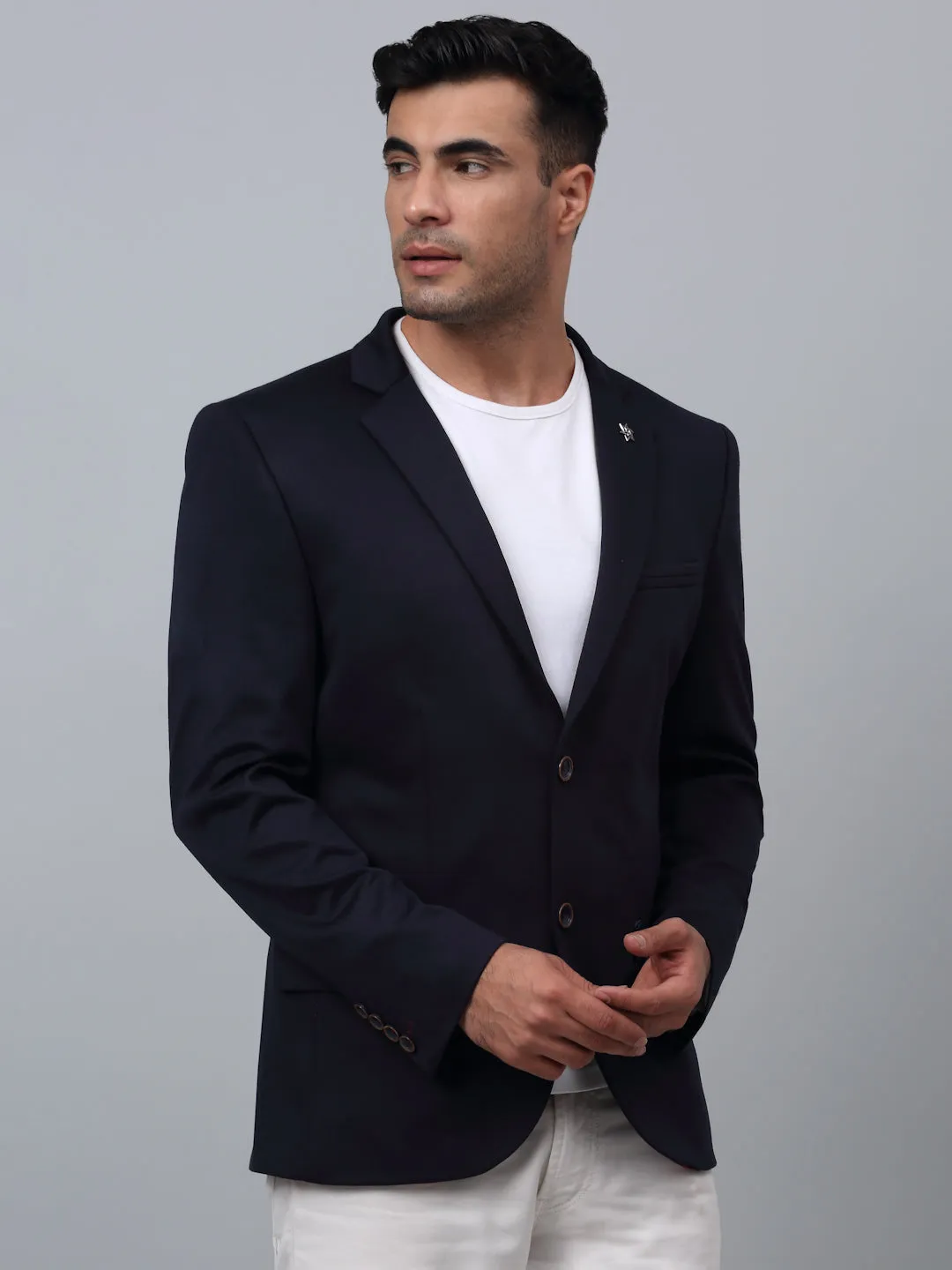 Navy Blue Solid Full Sleeves Casual Blazer For Men