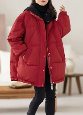 Plus Size Red Hooded Patchwork Duck Down Puffers Jackets Winter