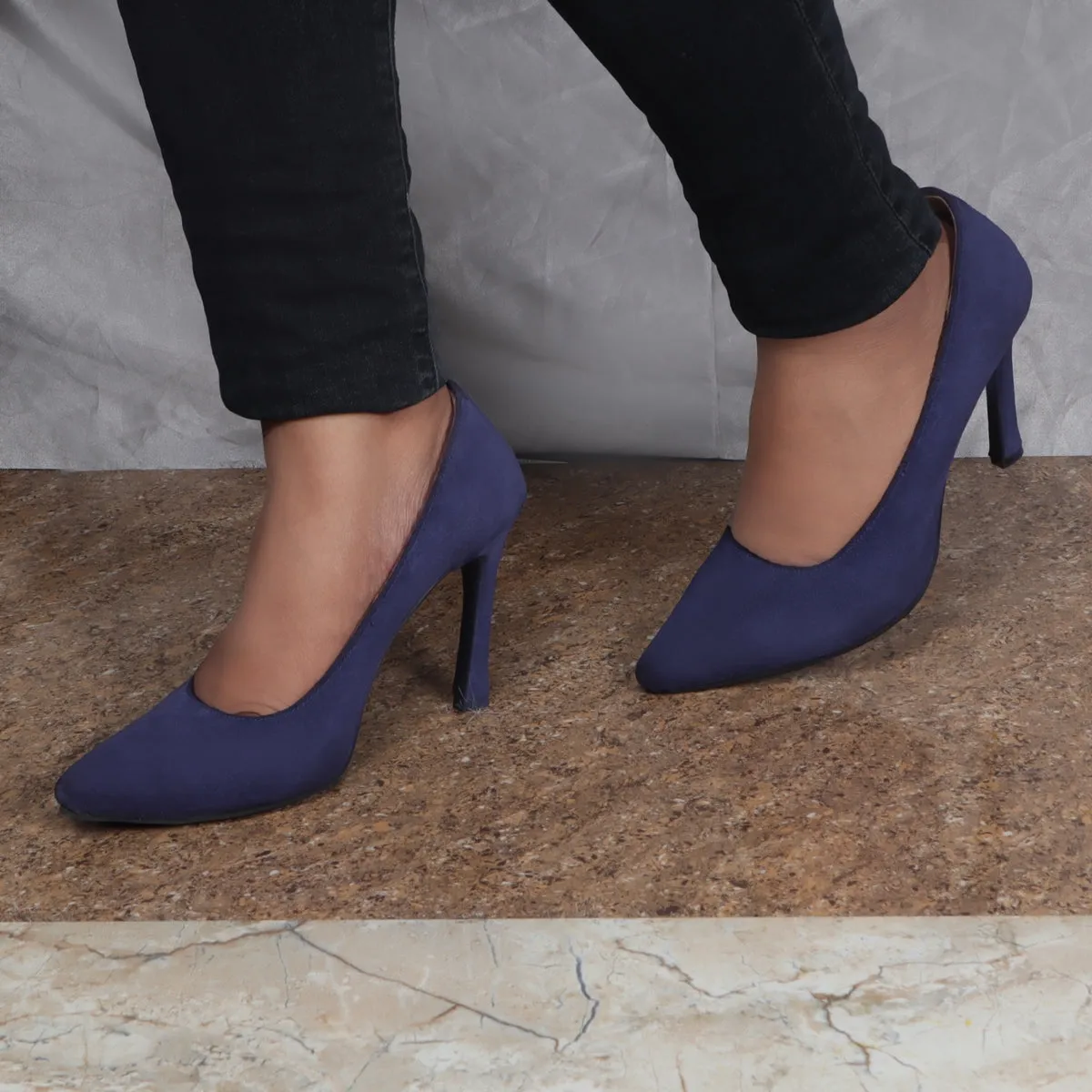 Pointed Toe Sleek Stiletto Pencil Heel Ladies formal Blue Suede Leather Footwear By Brune & Bareskin