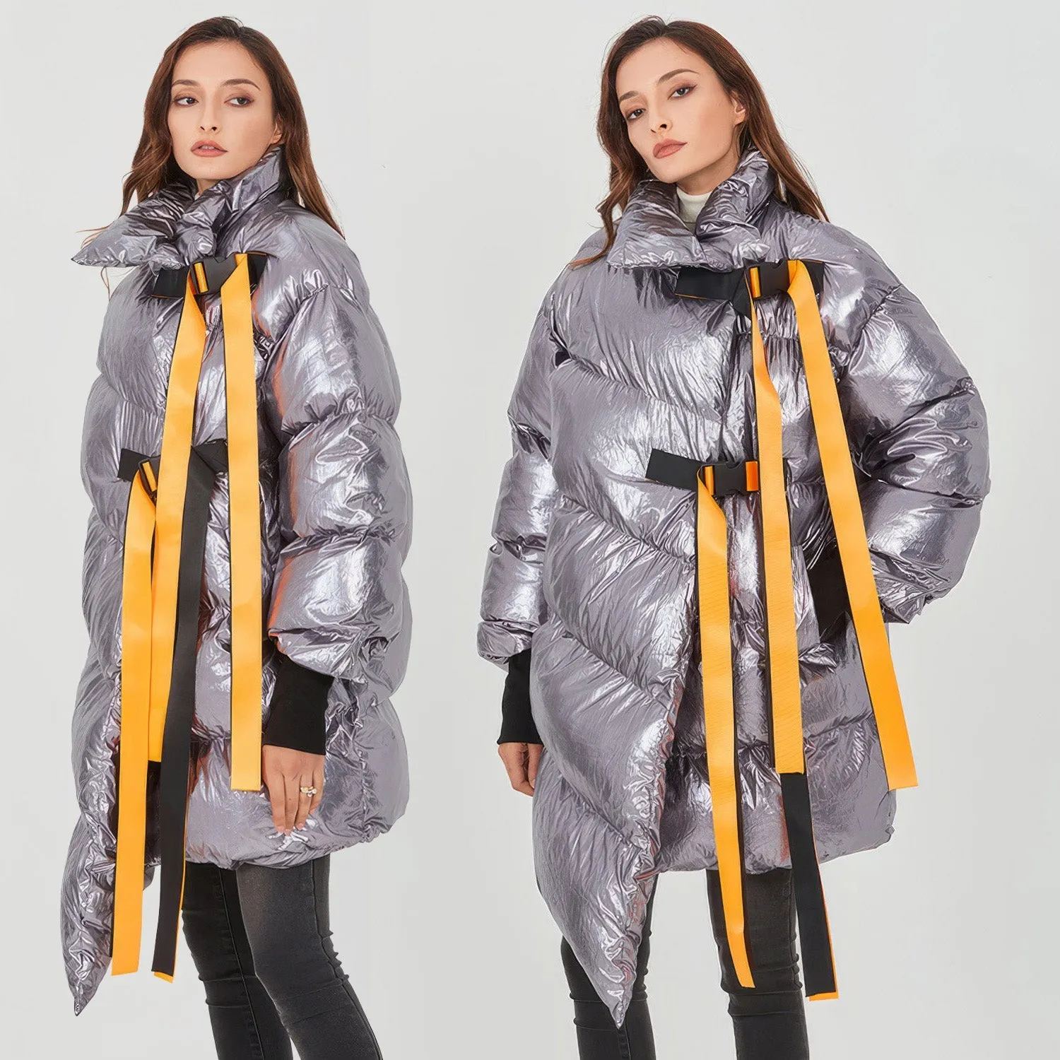 SILVER OVERSIZED Puffer Jacket with IRREGULAR HEM