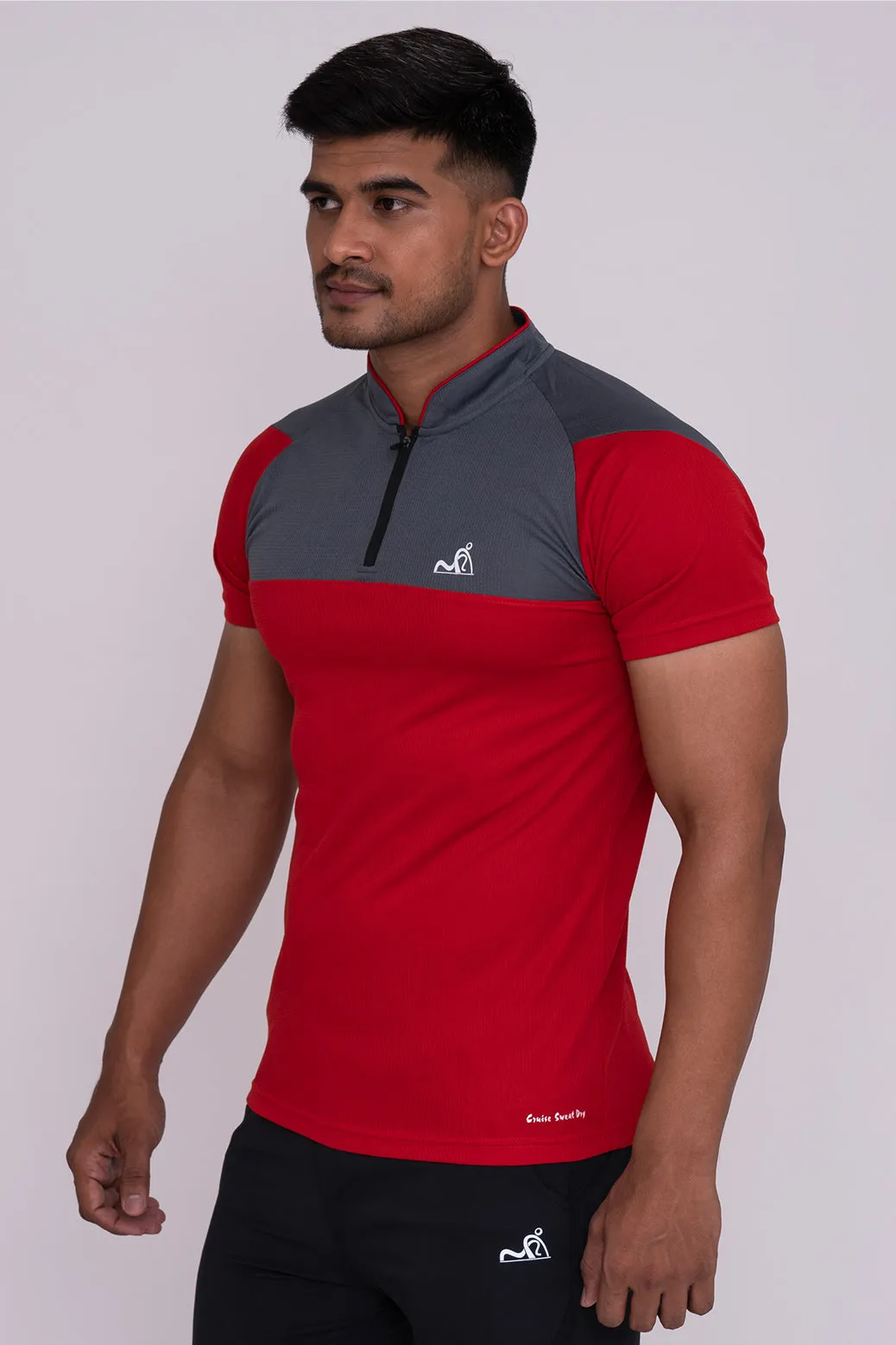 Stand Neck Semi Collar T-Shirts Red Dark Grey (D)