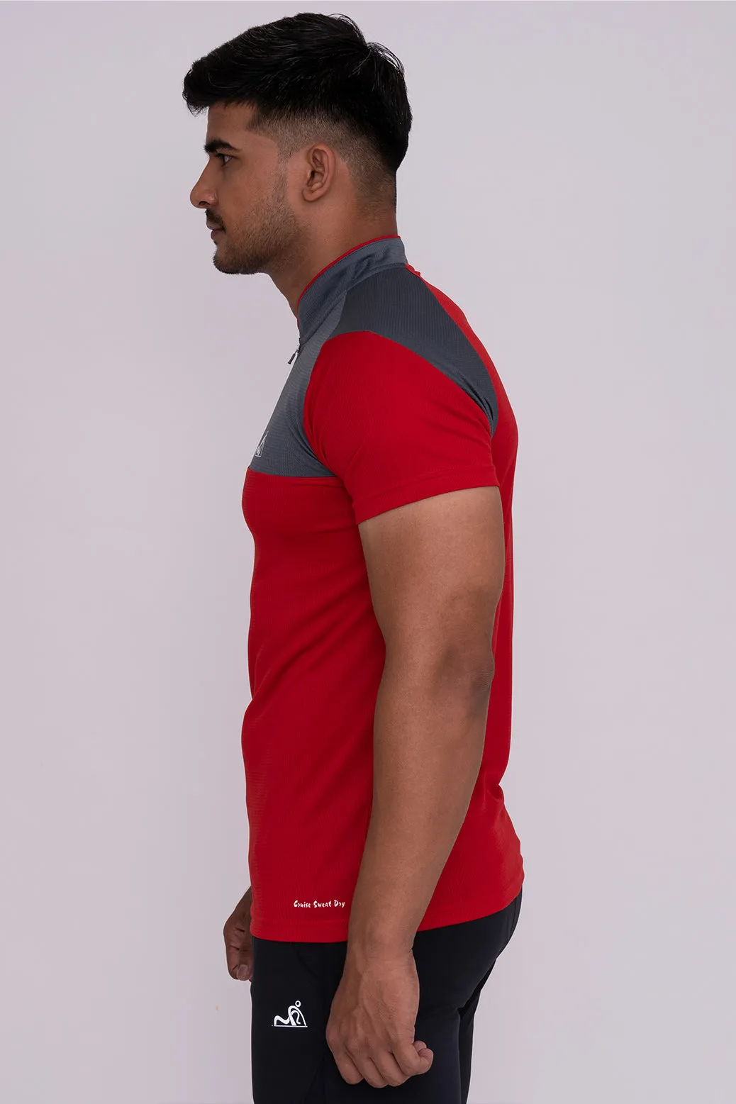 Stand Neck Semi Collar T-Shirts Red Dark Grey (D)