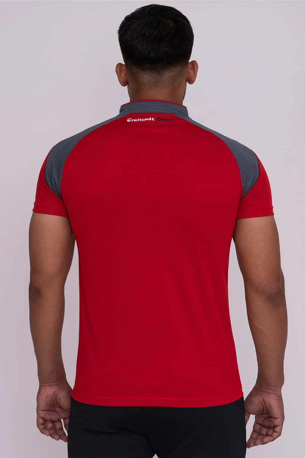 Stand Neck Semi Collar T-Shirts Red Dark Grey (D)