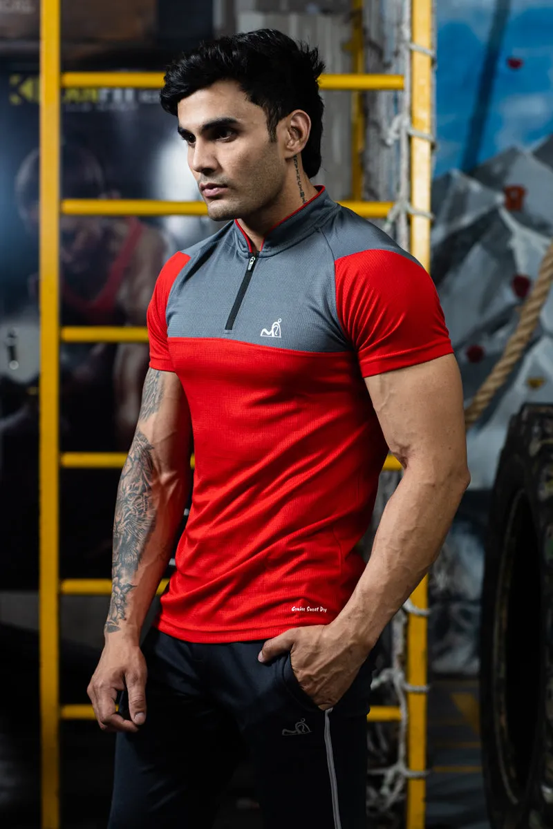 Stand Neck Semi Collar T-Shirts Red Dark Grey (D)