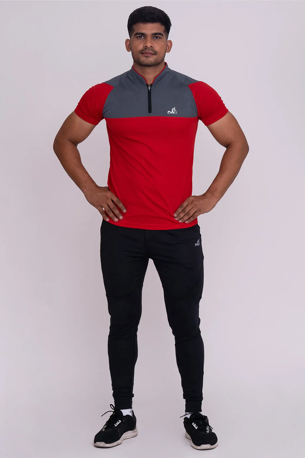 Stand Neck Semi Collar T-Shirts Red Dark Grey (D)