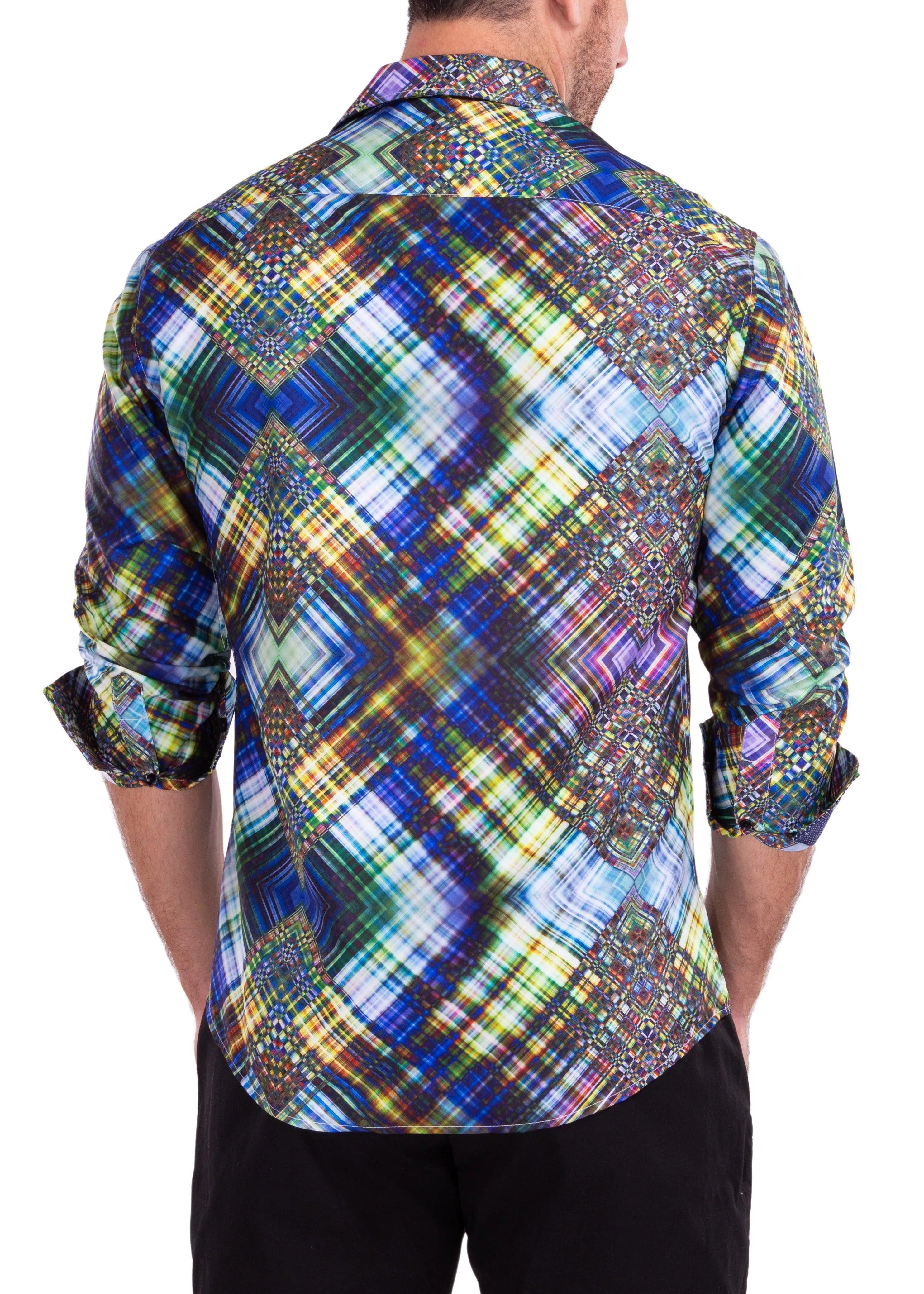 Vibrant Multicolored Prism Print Green Button Up Long Sleeve Dress Shirt