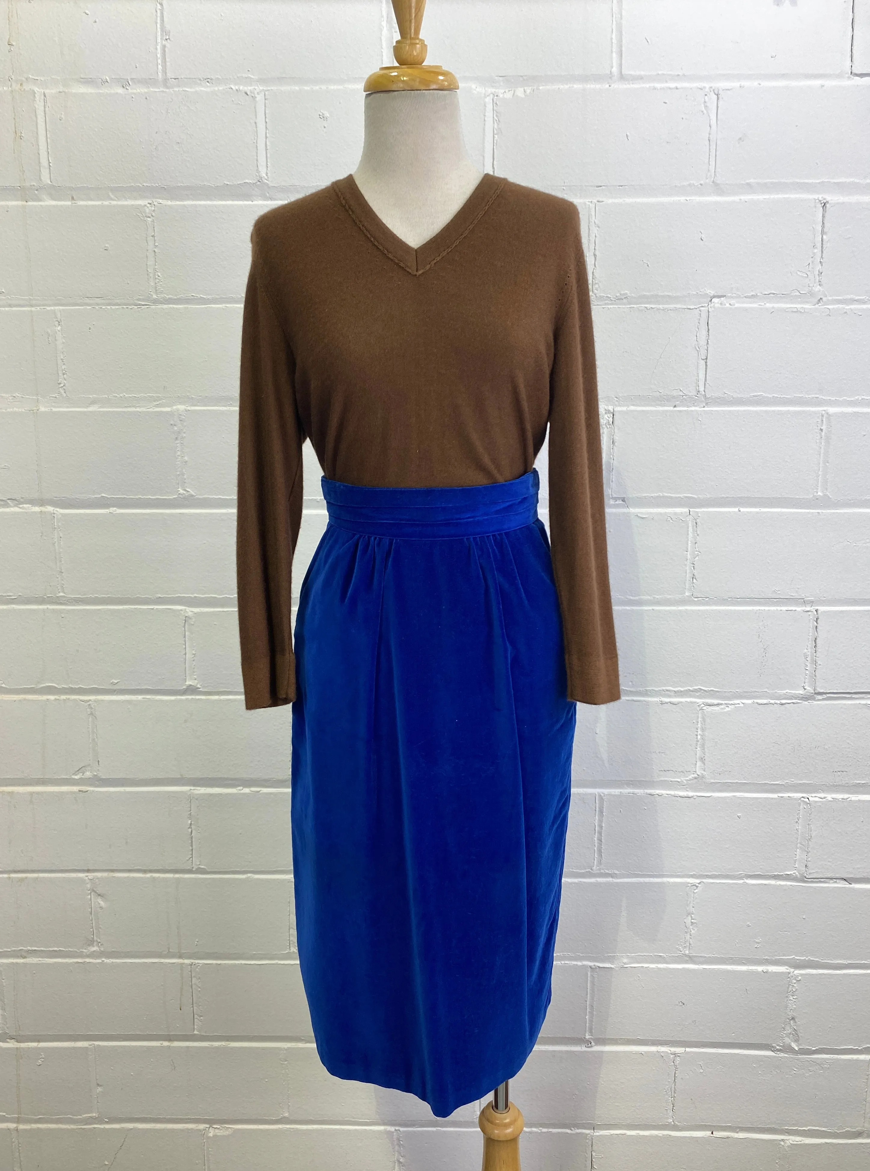 Vintage 1980s Blue Velour High-Waist Pencil Skirt, W26"