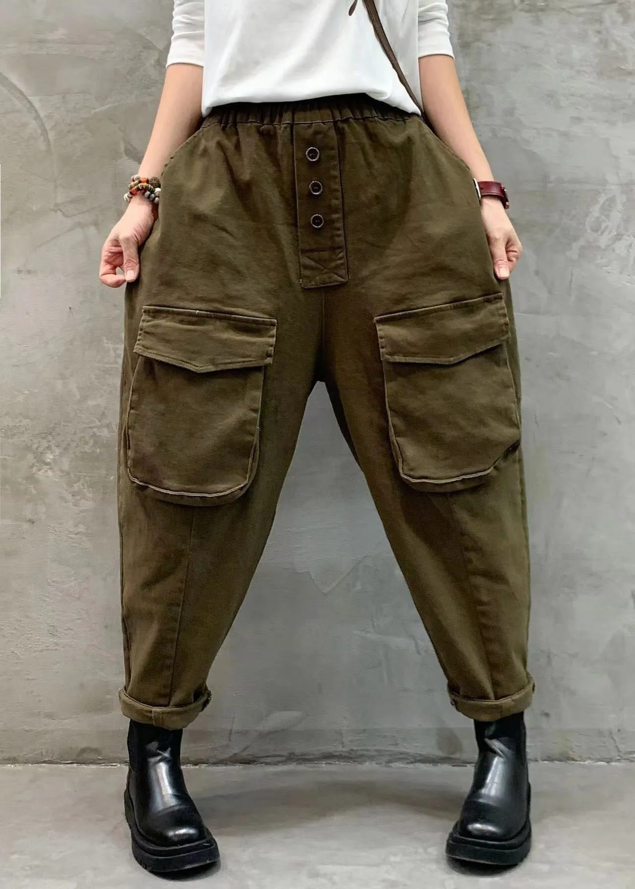 Vintage Red elastic waist button Pockets harem pants Spring