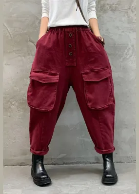 Vintage Red elastic waist button Pockets harem pants Spring