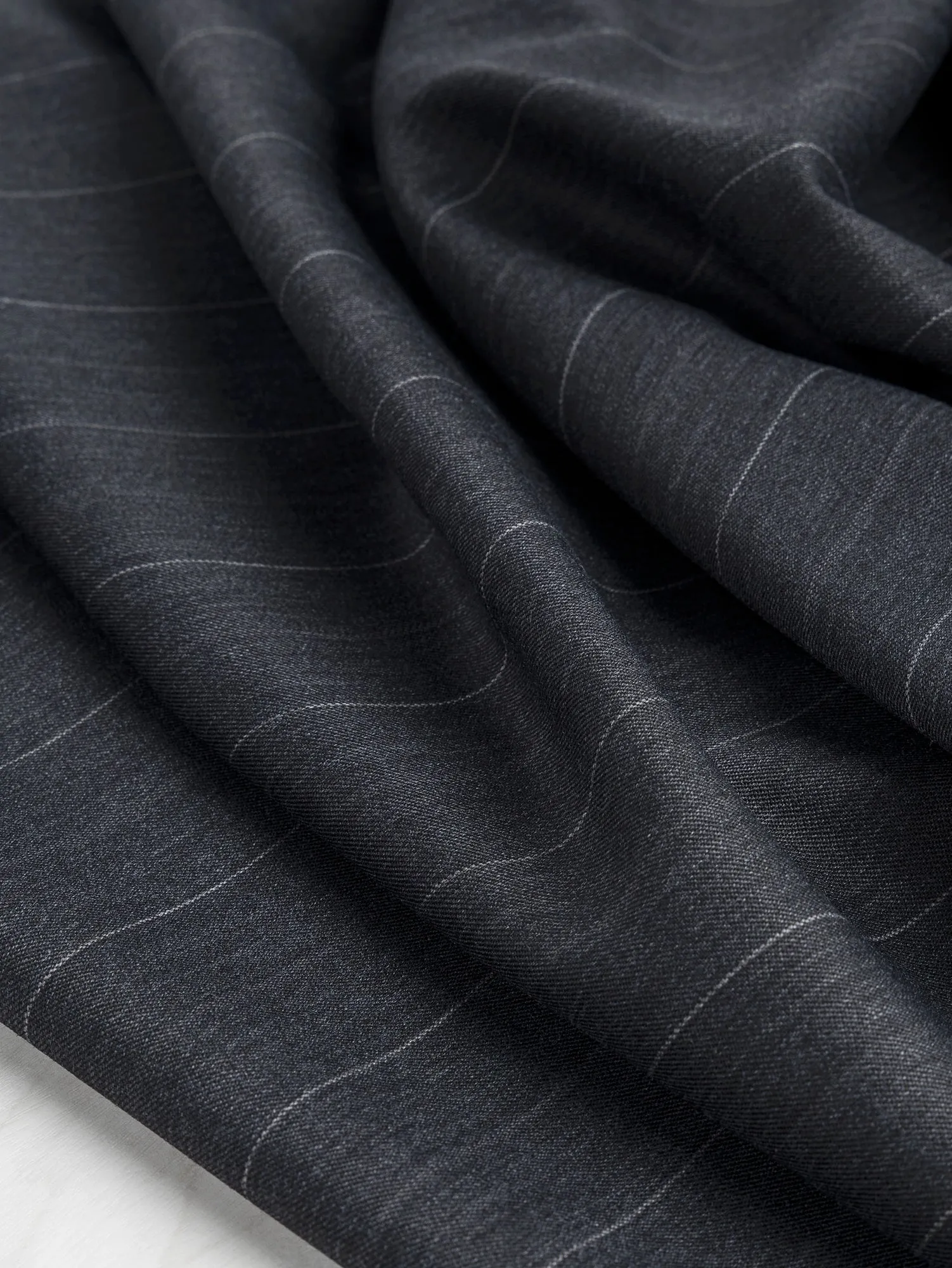 Wide Pinstripe Italian Wool Twill Suiting Deadstock - Charcoal - Swatch