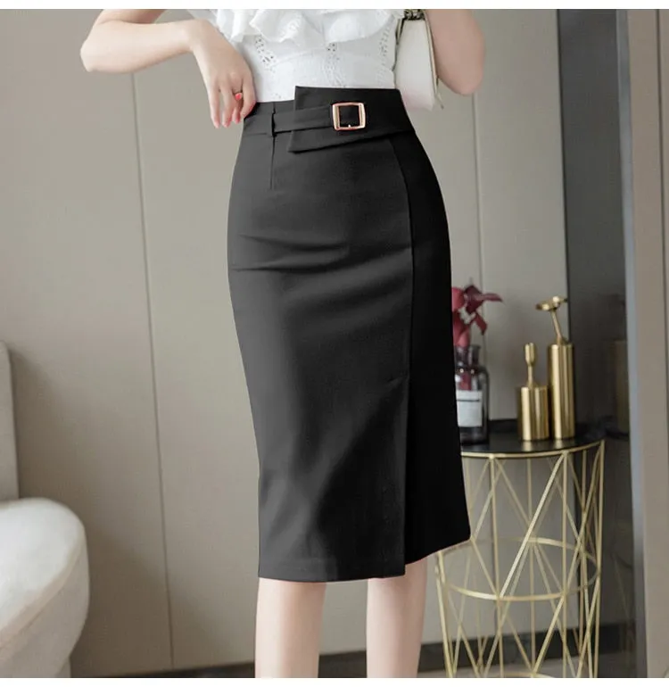 Wjczt Spring Summer Buttons Wrap Midi Skirts 2024 New High Waist Workwear Front Split Sheath Pencil Skirts Female