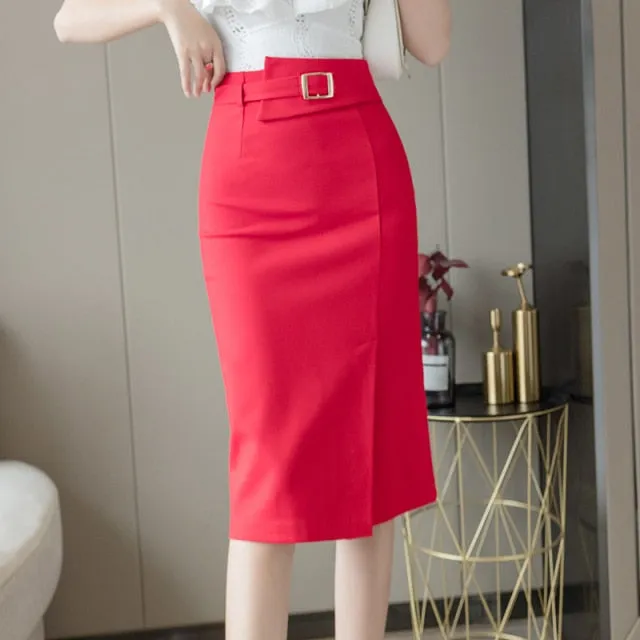 Wjczt Spring Summer Buttons Wrap Midi Skirts 2024 New High Waist Workwear Front Split Sheath Pencil Skirts Female